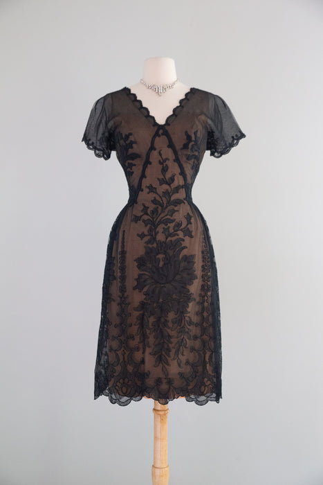 Exquisite 1950's Irene Lentz Bullocks Wilshire Couture Illusion Lace Cocktail Dress / SM