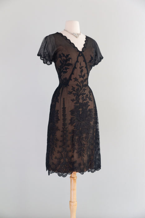 Exquisite 1950's Irene Lentz Bullocks Wilshire Couture Illusion Lace Cocktail Dress / SM