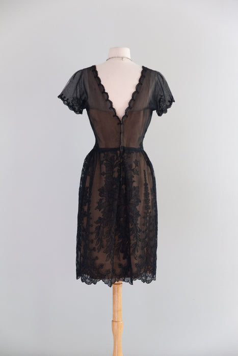 Exquisite 1950's Irene Lentz Bullocks Wilshire Couture Illusion Lace Cocktail Dress / SM