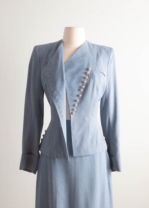 Elegant Late 1940's Light Blue Wool Gabardine Ladies Suit With Pearls / Small