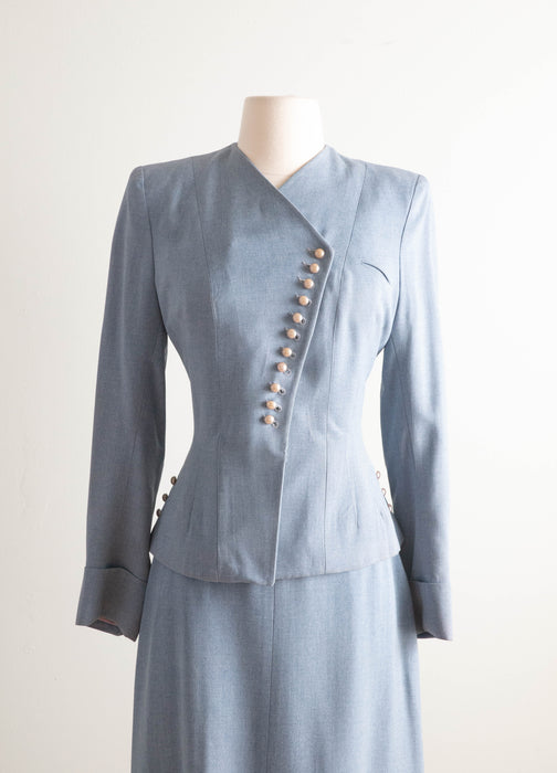 Elegant Late 1940's Light Blue Wool Gabardine Ladies Suit With Pearls / Small