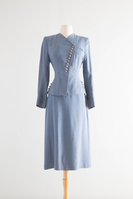 Elegant Late 1940's Light Blue Wool Gabardine Ladies Suit With Pearls / Small