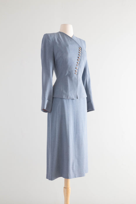 Elegant Late 1940's Light Blue Wool Gabardine Ladies Suit With Pearls / Small