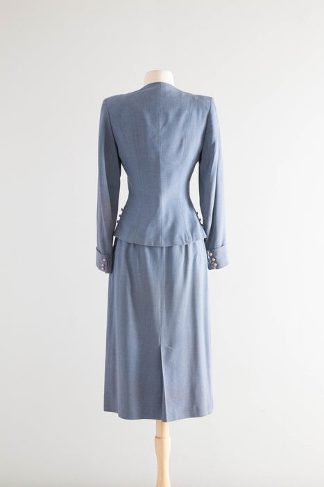 Elegant Late 1940's Light Blue Wool Gabardine Ladies Suit With Pearls / Small