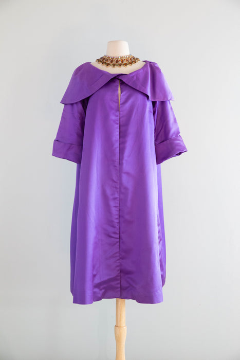 Dramatic 1950's Violet Silk Evening Coat With Portrait Collar / M