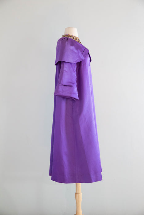 Dramatic 1950's Violet Silk Evening Coat With Portrait Collar / M