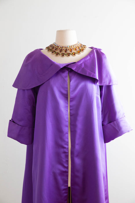 Dramatic 1950's Violet Silk Evening Coat With Portrait Collar / M