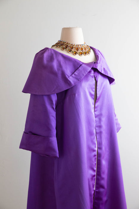 Dramatic 1950's Violet Silk Evening Coat With Portrait Collar / M