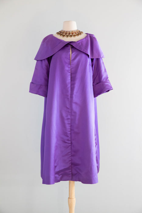 Dramatic 1950's Violet Silk Evening Coat With Portrait Collar / M