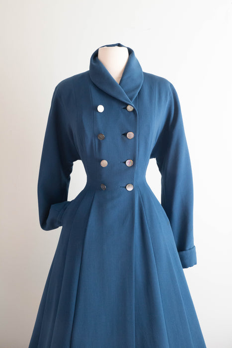 Stunning 1950's Prussian Blue Wool Princess Coat / SM