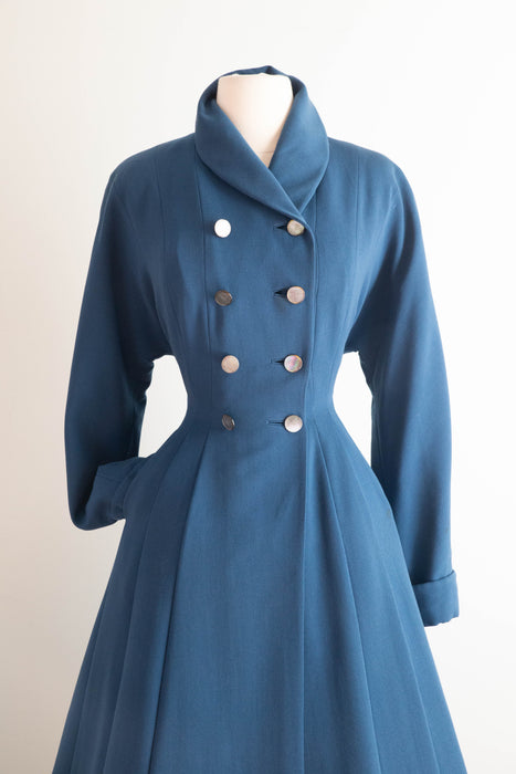 Stunning 1950's Prussian Blue Wool Princess Coat / SM