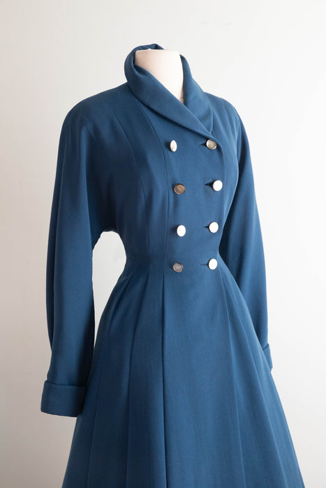 Stunning 1950's Prussian Blue Wool Princess Coat / SM