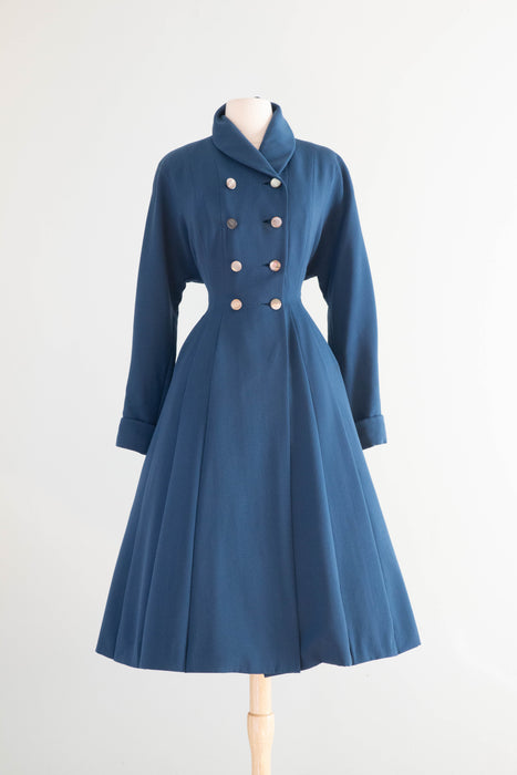 Stunning 1950's Prussian Blue Wool Princess Coat / SM