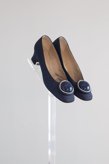 Elegant 1960's Navy Cabochon Heels From Saks. Fifth Ave. / 7a