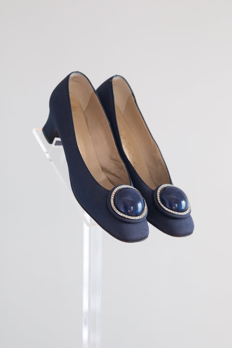 Elegant 1960's Navy Cabochon Heels From Saks. Fifth Ave. / 7a