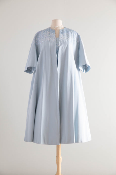Exquisite Early 1960's Ice Blue Silk & Sequin Evening Dress and Matching Coat By Florence Lustig / medium