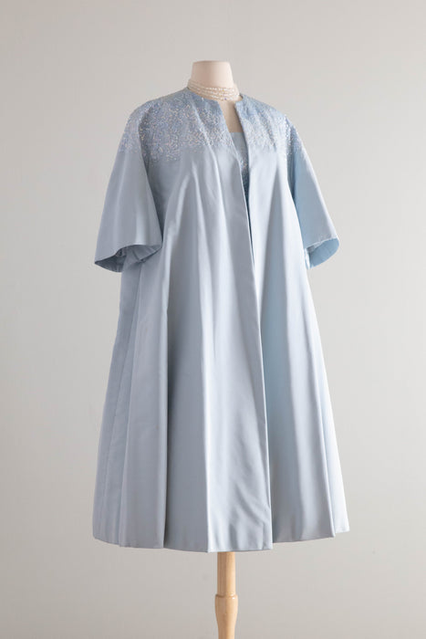 Exquisite Early 1960's Ice Blue Silk & Sequin Evening Dress and Matching Coat By Florence Lustig / medium