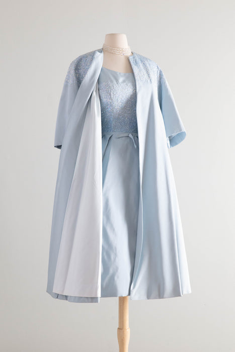 Exquisite Early 1960's Ice Blue Silk & Sequin Evening Dress and Matching Coat By Florence Lustig / medium