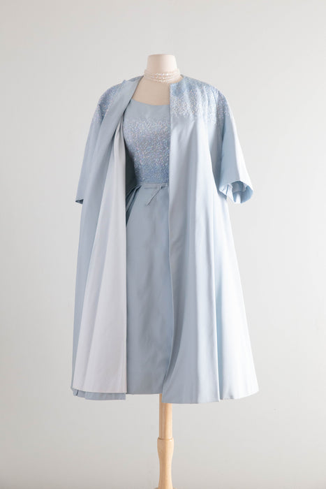 Exquisite Early 1960's Ice Blue Silk & Sequin Evening Dress and Matching Coat By Florence Lustig / medium