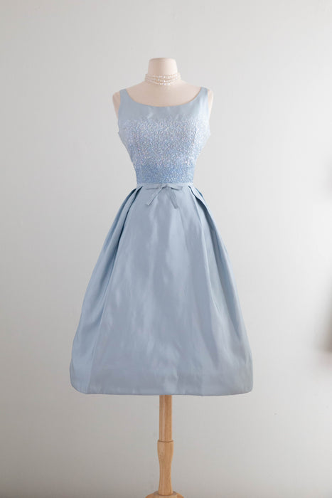 Exquisite Early 1960's Ice Blue Silk & Sequin Evening Dress and Matching Coat By Florence Lustig / medium