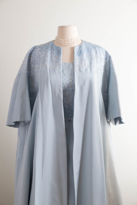 Exquisite Early 1960's Ice Blue Silk & Sequin Evening Dress and Matching Coat By Florence Lustig / medium