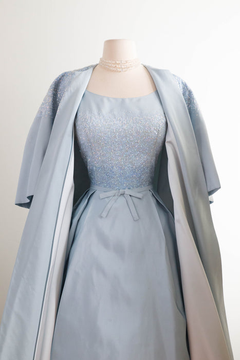 Exquisite Early 1960's Ice Blue Silk & Sequin Evening Dress and Matching Coat By Florence Lustig / medium