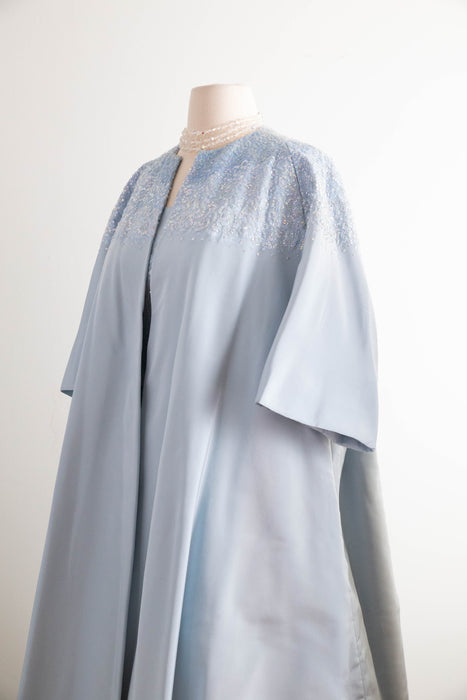 Exquisite Early 1960's Ice Blue Silk & Sequin Evening Dress and Matching Coat By Florence Lustig / medium