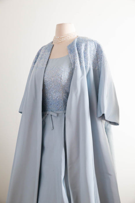 Exquisite Early 1960's Ice Blue Silk & Sequin Evening Dress and Matching Coat By Florence Lustig / medium