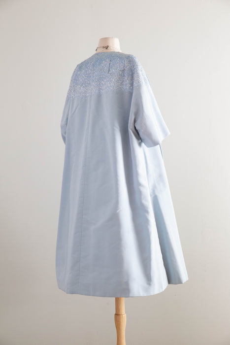 Exquisite Early 1960's Ice Blue Silk & Sequin Evening Dress and Matching Coat By Florence Lustig / medium