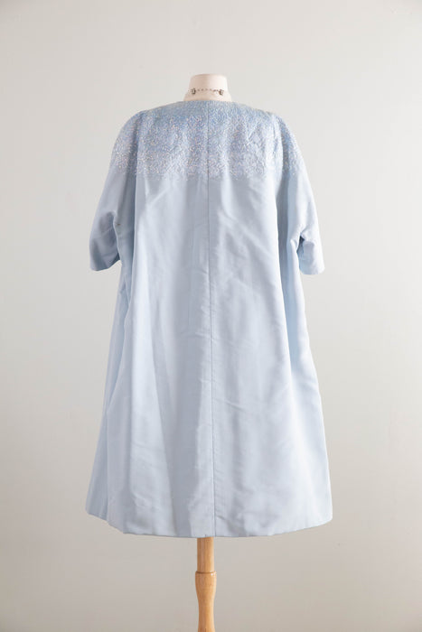 Exquisite Early 1960's Ice Blue Silk & Sequin Evening Dress and Matching Coat By Florence Lustig / medium