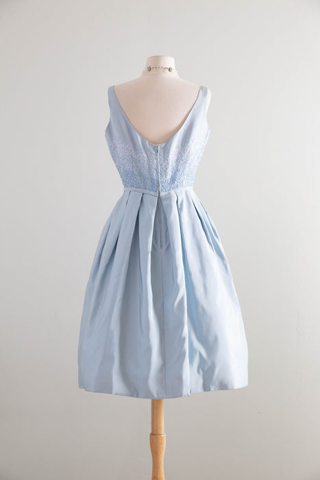 Exquisite Early 1960's Ice Blue Silk & Sequin Evening Dress and Matching Coat By Florence Lustig / medium
