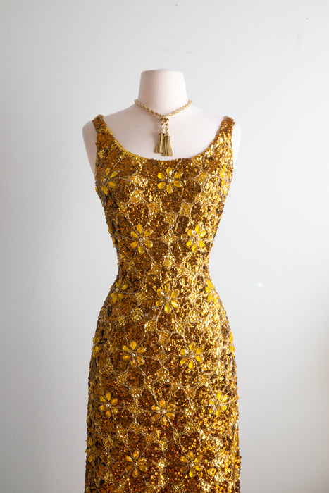 Show-Stopping Early 1960's Fully Beaded Gene Shelly Golden Knit Cocktail Dress / SM