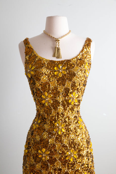 Show-Stopping Early 1960's Fully Beaded Gene Shelly Golden Knit Cocktail Dress / SM