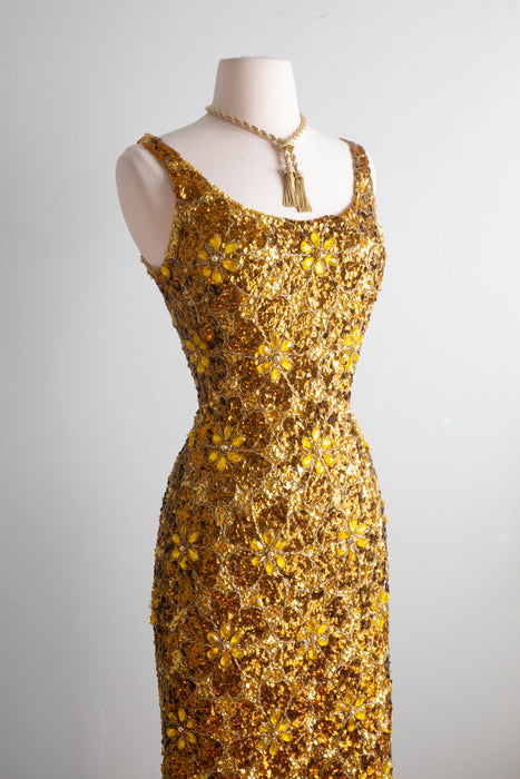 Show-Stopping Early 1960's Fully Beaded Gene Shelly Golden Knit Cocktail Dress / SM