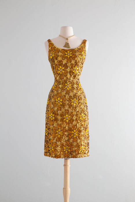 Show-Stopping Early 1960's Fully Beaded Gene Shelly Golden Knit Cocktail Dress / SM