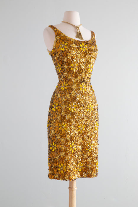 Show-Stopping Early 1960's Fully Beaded Gene Shelly Golden Knit Cocktail Dress / SM