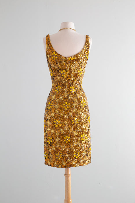 Show-Stopping Early 1960's Fully Beaded Gene Shelly Golden Knit Cocktail Dress / SM