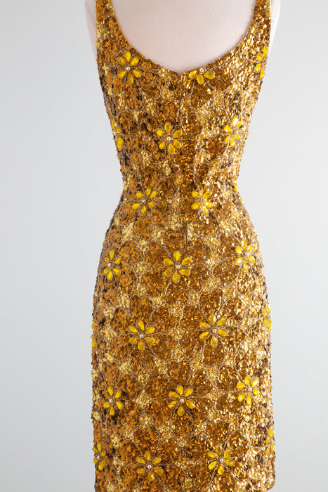 Show-Stopping Early 1960's Fully Beaded Gene Shelly Golden Knit Cocktail Dress / SM