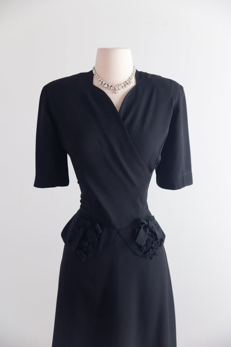 Elegant 1940s Black Rayon Crepe Wrap-Front Dress with Peplum & Bows / ML