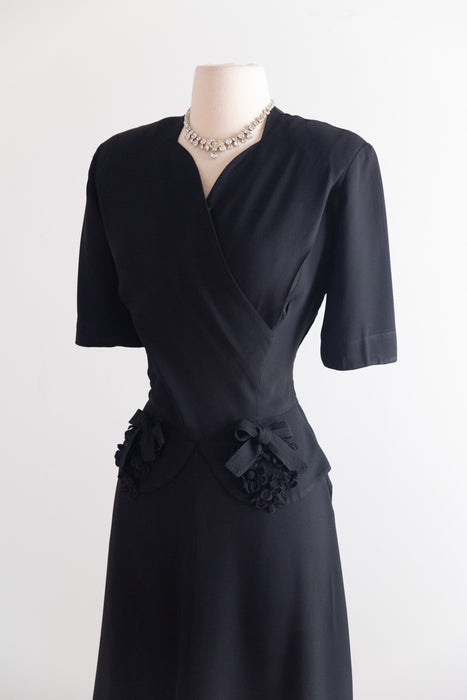 Elegant 1940s Black Rayon Crepe Wrap-Front Dress with Peplum & Bows / ML