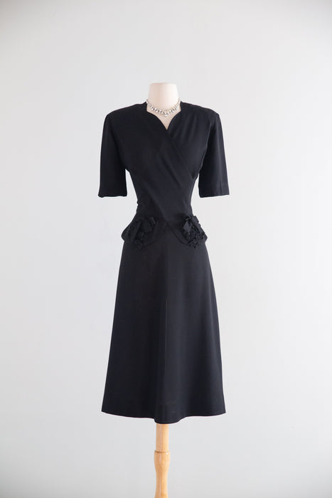 Elegant 1940s Black Rayon Crepe Wrap-Front Dress with Peplum & Bows / ML