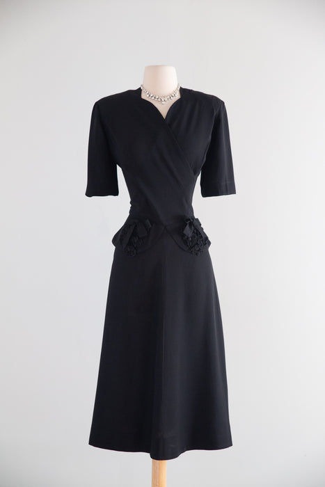 Elegant 1940s Black Rayon Crepe Wrap-Front Dress with Peplum & Bows / ML