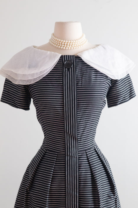 Wonderful Late 1950's Teal Traina ( Designed By Geoffrey Beene)  Striped Dress With Peter Pan Collar / M