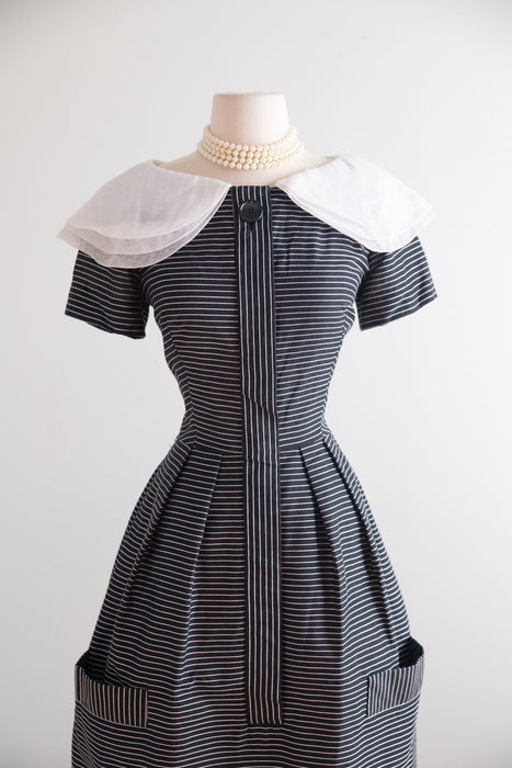Wonderful Late 1950's Teal Traina ( Designed By Geoffrey Beene)  Striped Dress With Peter Pan Collar / M