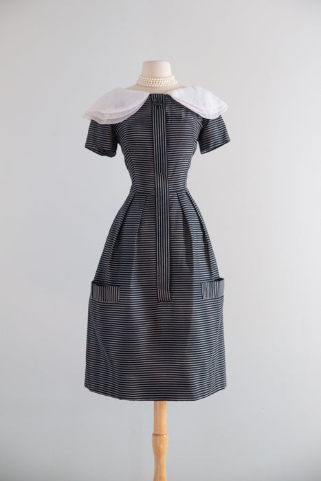 Wonderful Late 1950's Teal Traina ( Designed By Geoffrey Beene)  Striped Dress With Peter Pan Collar / M