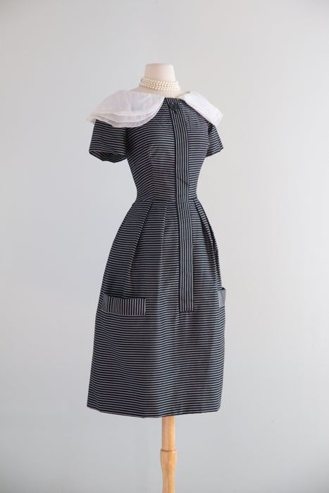 Wonderful Late 1950's Teal Traina ( Designed By Geoffrey Beene)  Striped Dress With Peter Pan Collar / M