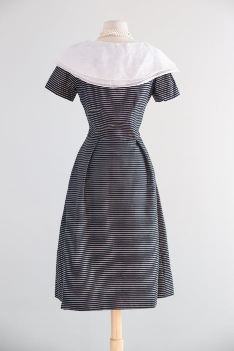 Wonderful Late 1950's Teal Traina ( Designed By Geoffrey Beene)  Striped Dress With Peter Pan Collar / M
