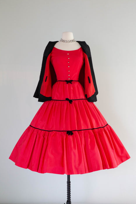 Gorgeous 1950's Cherry Red Taffeta Party Dress With Velvet Bows / Smal Xtabay Vintage Gorgeous 1950's Cherry Red Taffeta Party Dress With Velvet Bows / Smal Xtabay Vintage