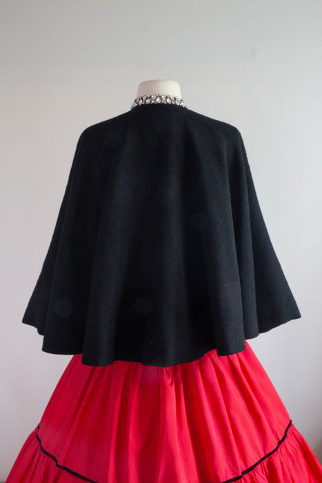 Elegant 1950's Black Wool Cape-let With Red Lining and Waist Tie / OS