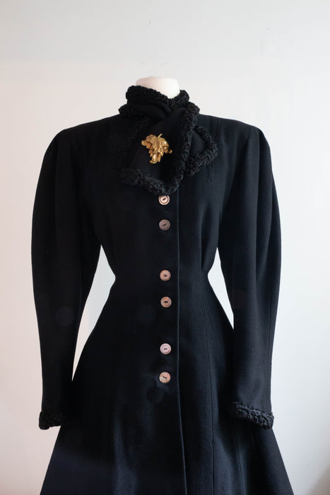 Dramatic 1930's Black Wool Princess Coat With Fur Trim / SM
